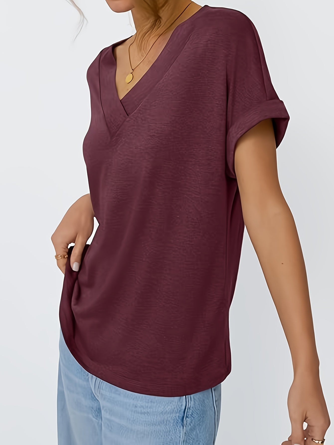 Women's Graphic Print T-Shirt - V-Neck Short Sleeve – Deep Red detail view