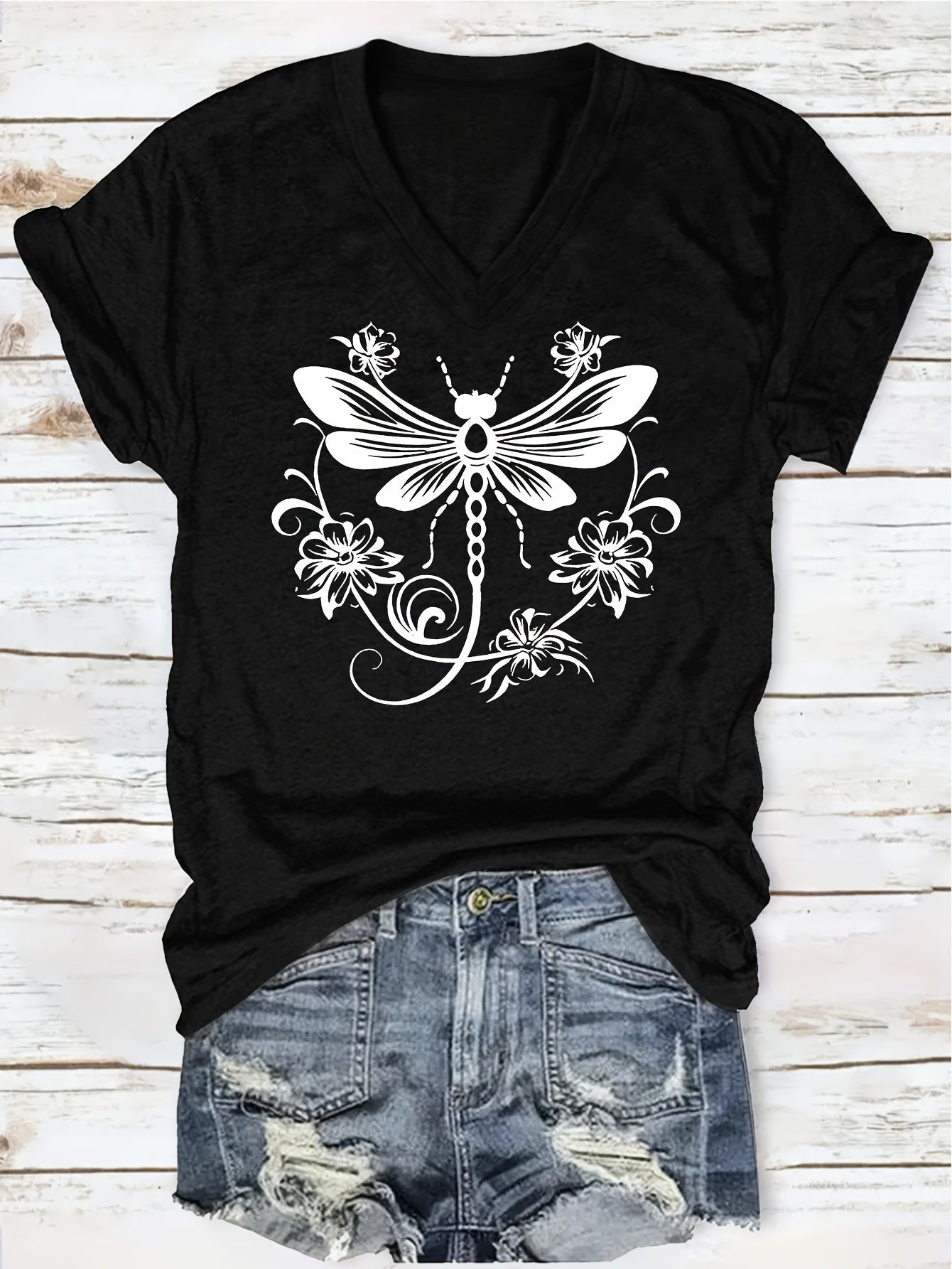 Women's Graphic Print T-Shirt - V-Neck Short Sleeve Dragonfly detail view