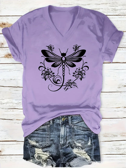 Women's Graphic Print T-Shirt - V-Neck Short Sleeve Dragonfly detail view