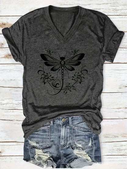Women's Graphic Print T-Shirt - V-Neck Short Sleeve Dragonfly detail view