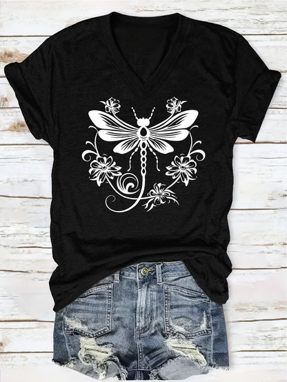 Women's Graphic Print T-Shirt - V-Neck Short Sleeve Dragonfly detail view