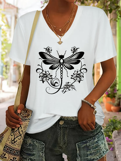 Women's Graphic Print T-Shirt - V-Neck Short Sleeve Dragonfly detail view