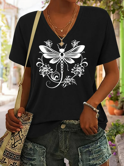 Women's Graphic Print T-Shirt - V-Neck Short Sleeve Dragonfly – Gray option – main product image