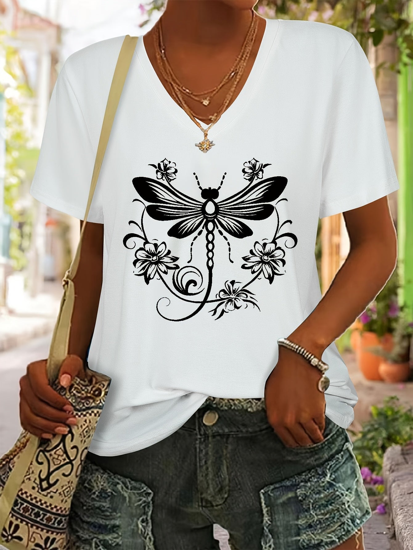 Women's Graphic Print T-Shirt - V-Neck Short Sleeve Dragonfly – Gray option – view 2