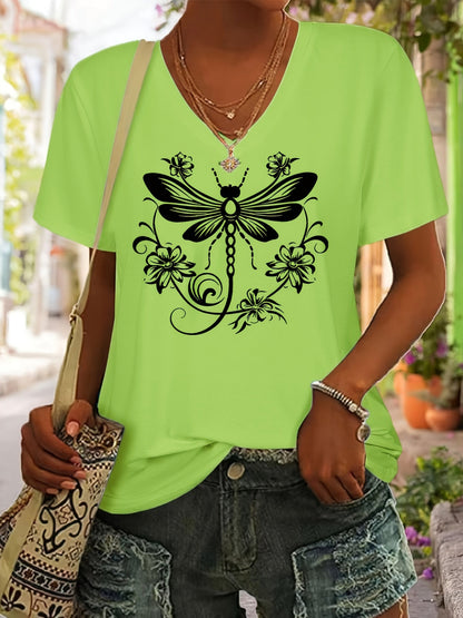Women's Graphic Print T-Shirt - V-Neck Short Sleeve Dragonfly – Gray option – view 5