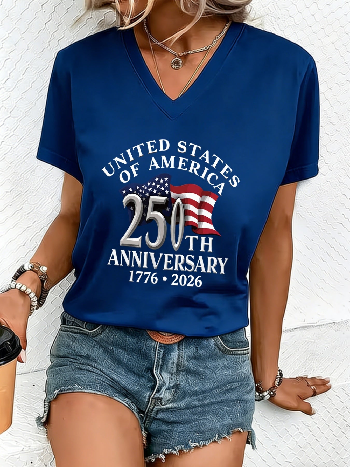 Women's Graphic Print T-Shirt - V-Neck Short Sleeve – Red / Blue detail view