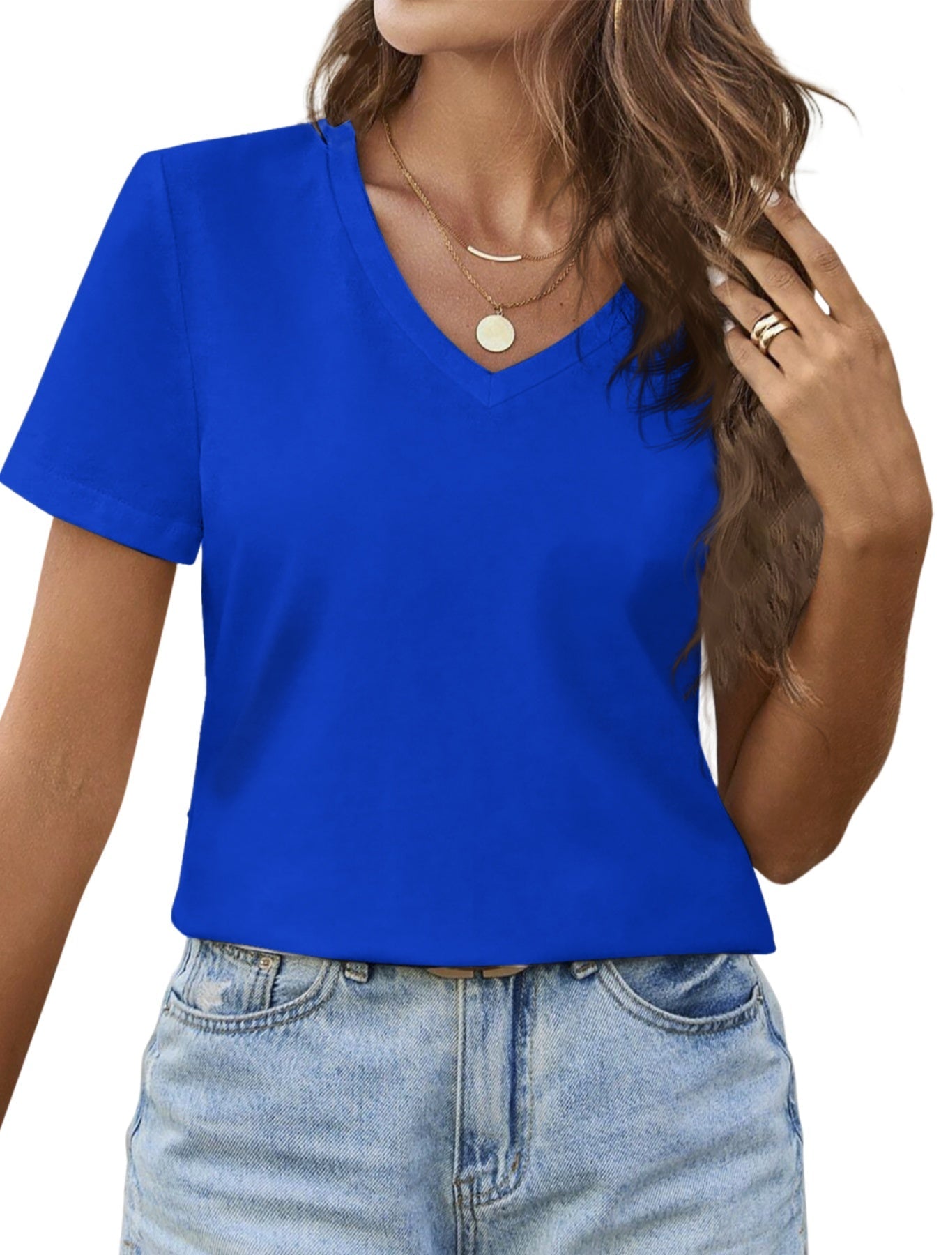 Women's Graphic Print T-Shirt - V-Neck Short Sleeve – Red / Blue detail view