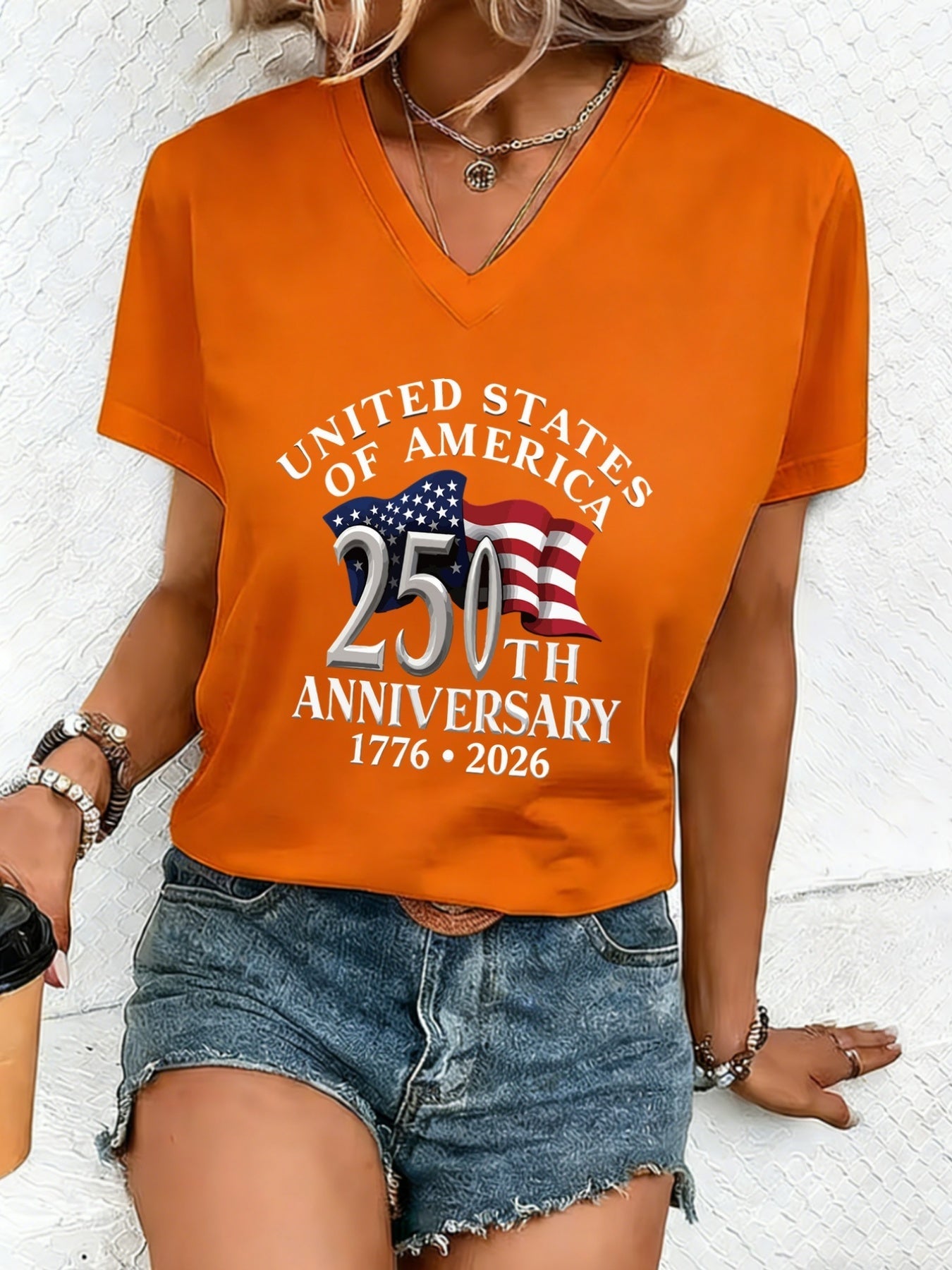 Women's Graphic Print T-Shirt - V-Neck Short Sleeve – Red / Blue – Red option – main product image