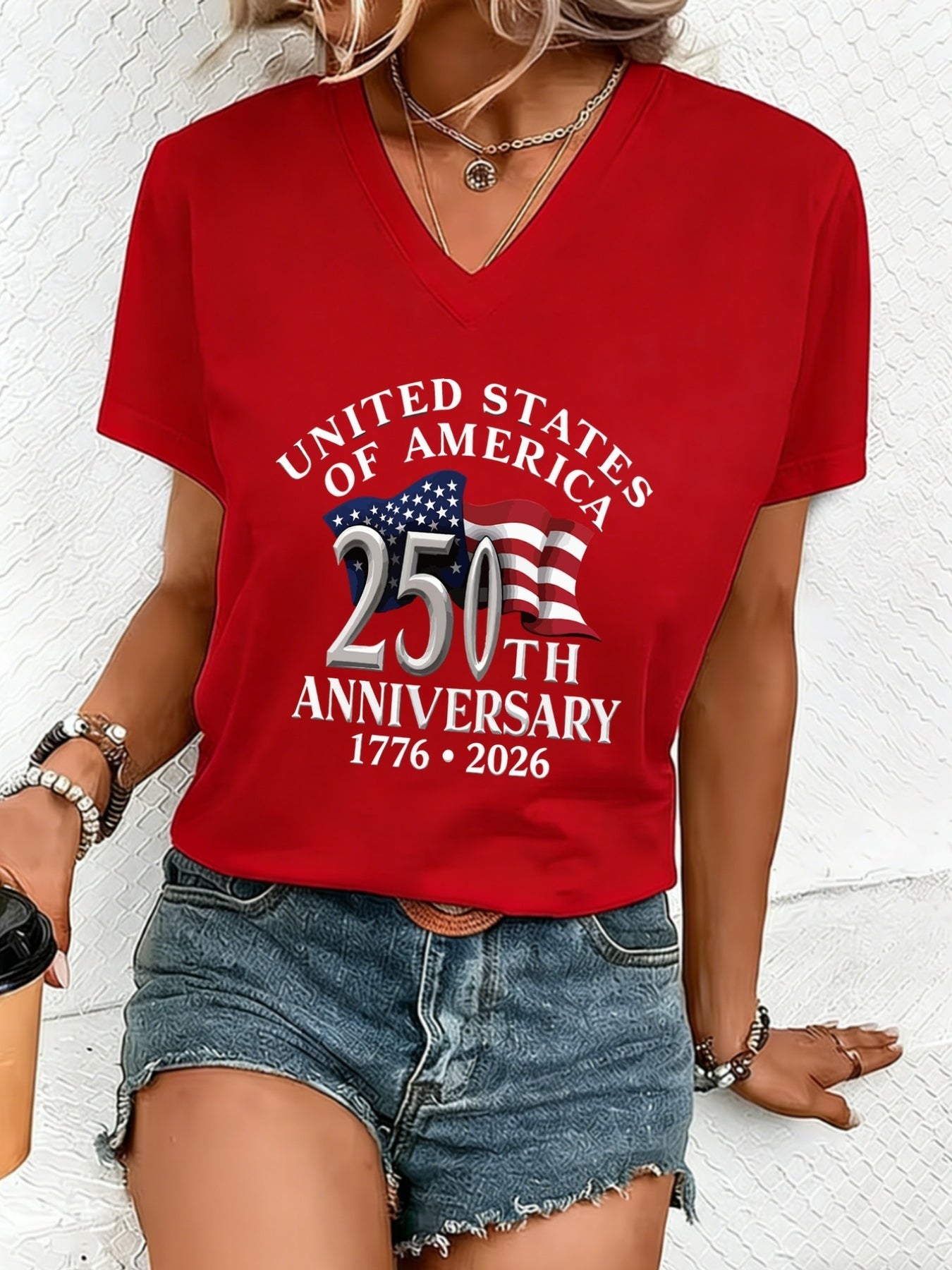 Women's Graphic Print T-Shirt - V-Neck Short Sleeve – Red / Blue – Red option – view 3
