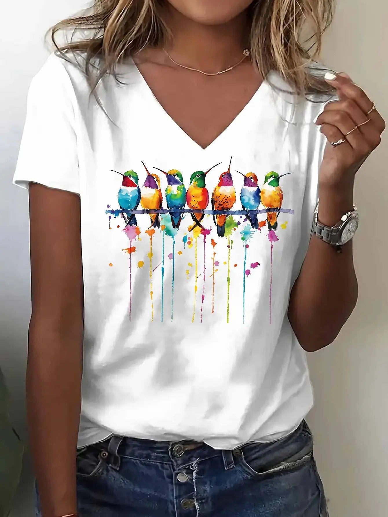 Women's Graphic Print T-Shirt - V-Neck Short Sleeve – White – White option – main product image