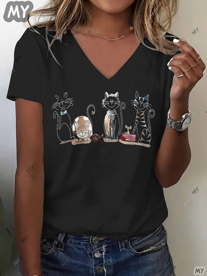 Women's Graphic Print T-Shirt - V-Neck Short Sleeve – White / Black – main product image
