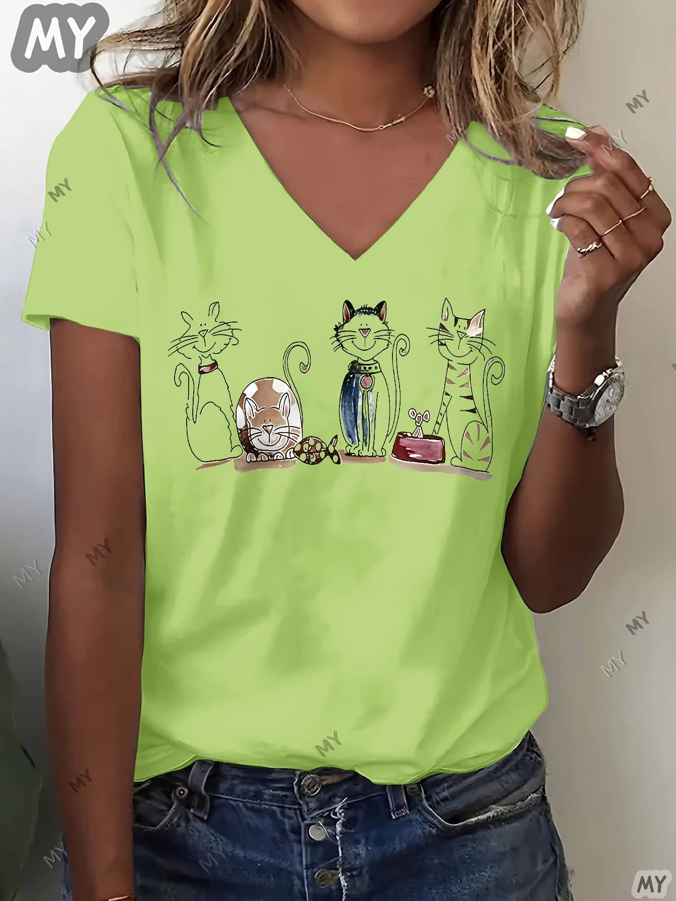 Women's Graphic Print T-Shirt - V-Neck Short Sleeve – White / Black – view 2