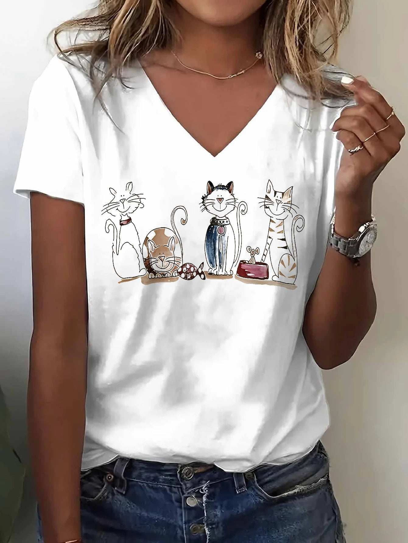 Women's Graphic Print T-Shirt - V-Neck Short Sleeve – White / Black – view 8