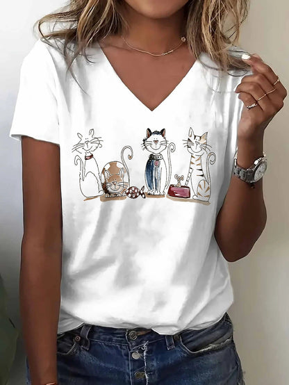 Women's Graphic Print T-Shirt - V-Neck Short Sleeve – White / Black – view 8