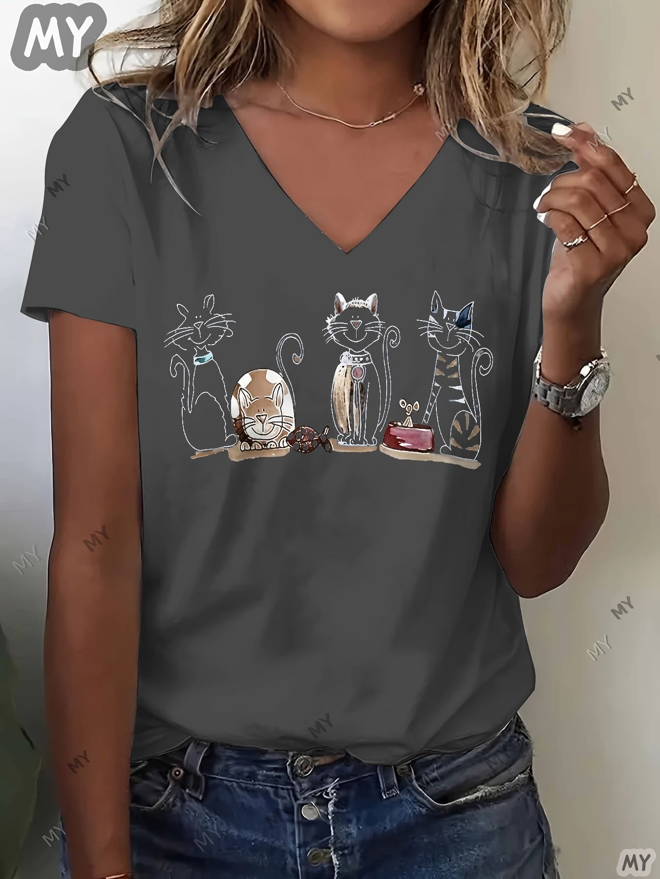 Women's Graphic Print T-Shirt - V-Neck Short Sleeve – White / Black – view 11