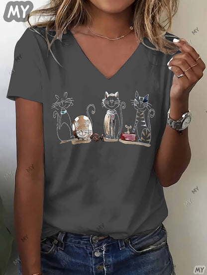 Women's Graphic Print T-Shirt - V-Neck Short Sleeve – White / Black – view 11