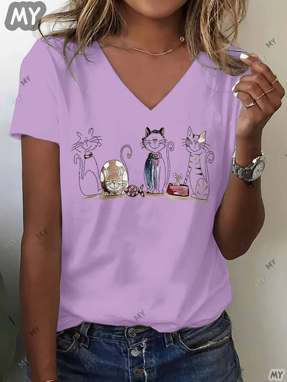 Women's Graphic Print T-Shirt - V-Neck Short Sleeve – White / Black – White option – view 6