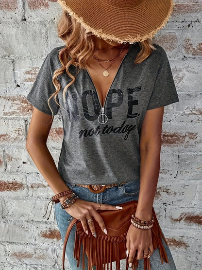 Women's Graphic Print T-Shirt - V-Neck Short Sleeve Zip Detail detail view