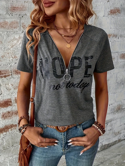 Women's Graphic Print T-Shirt - V-Neck Short Sleeve Zip Detail detail view