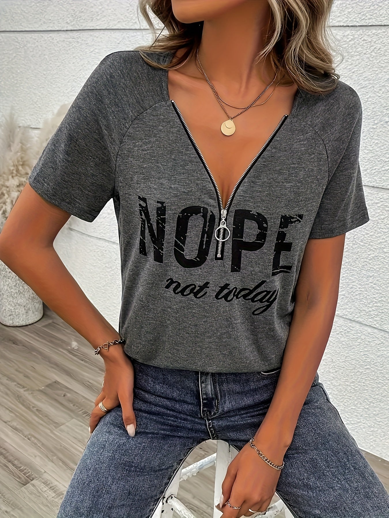 Women's Graphic Print T-Shirt - V-Neck Short Sleeve Zip Detail detail view