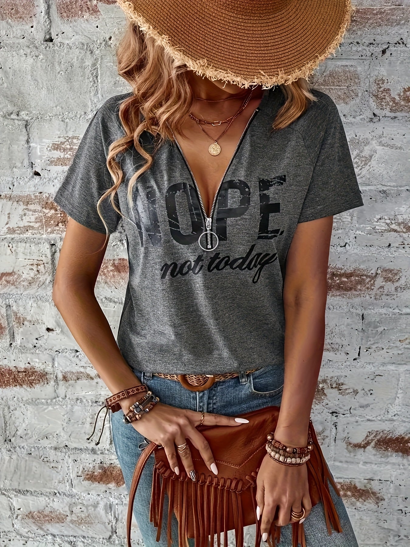 Women's Graphic Print T-Shirt - V-Neck Short Sleeve Zip Detail detail view