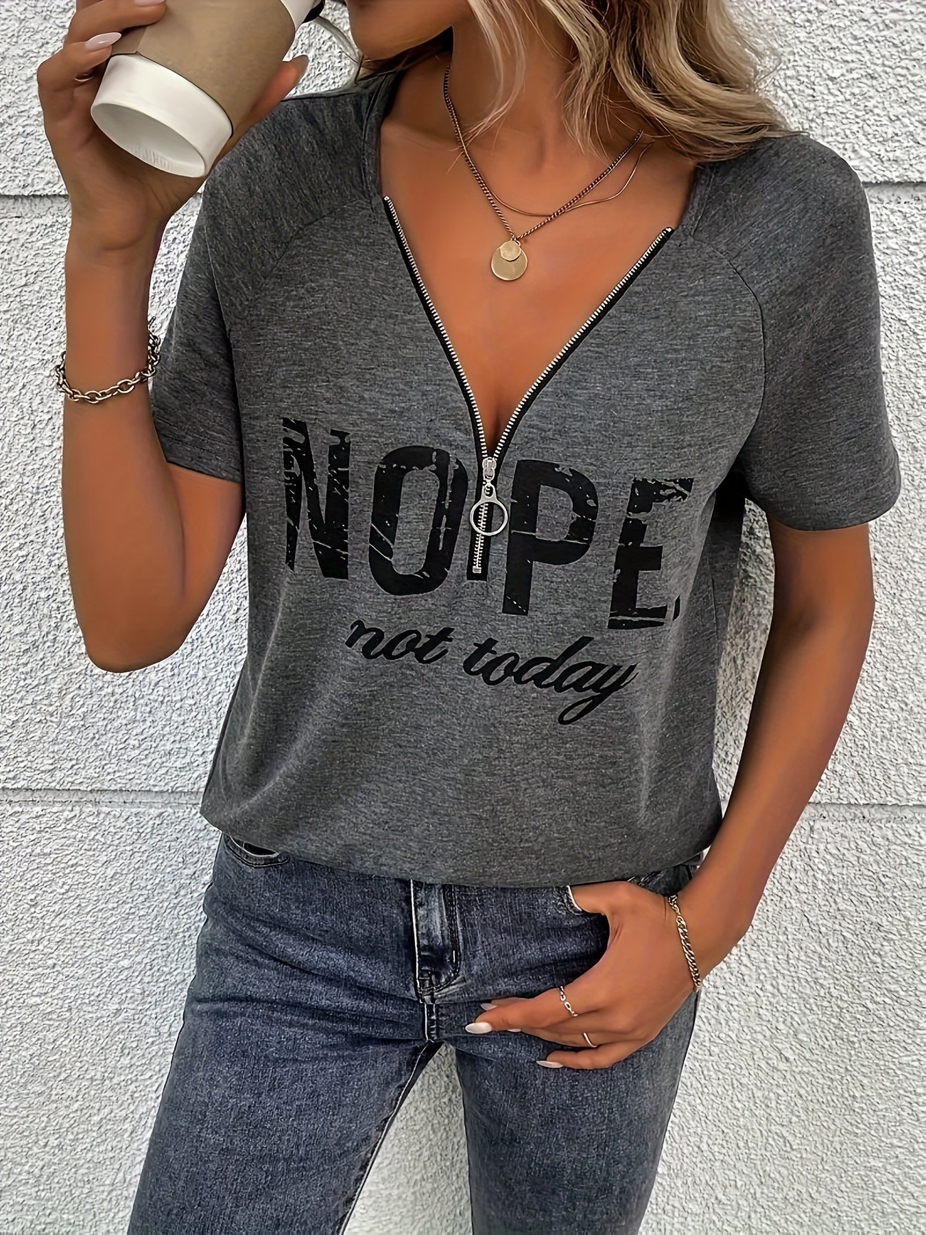 Women's Graphic Print T-Shirt - V-Neck Short Sleeve Zip Detail Grey Design detail view