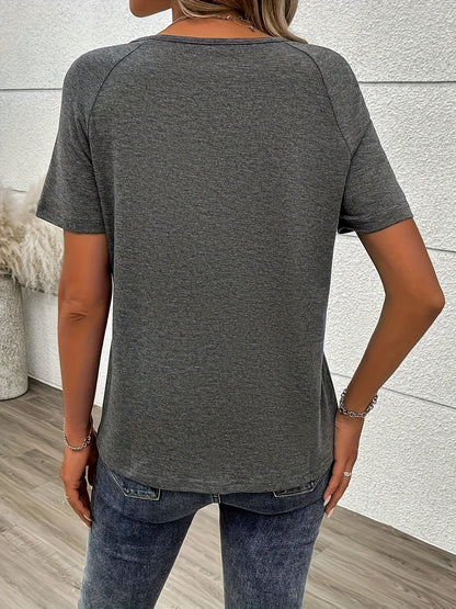 Women's Graphic Print T-Shirt - V-Neck Short Sleeve Zip Detail Grey Design detail view