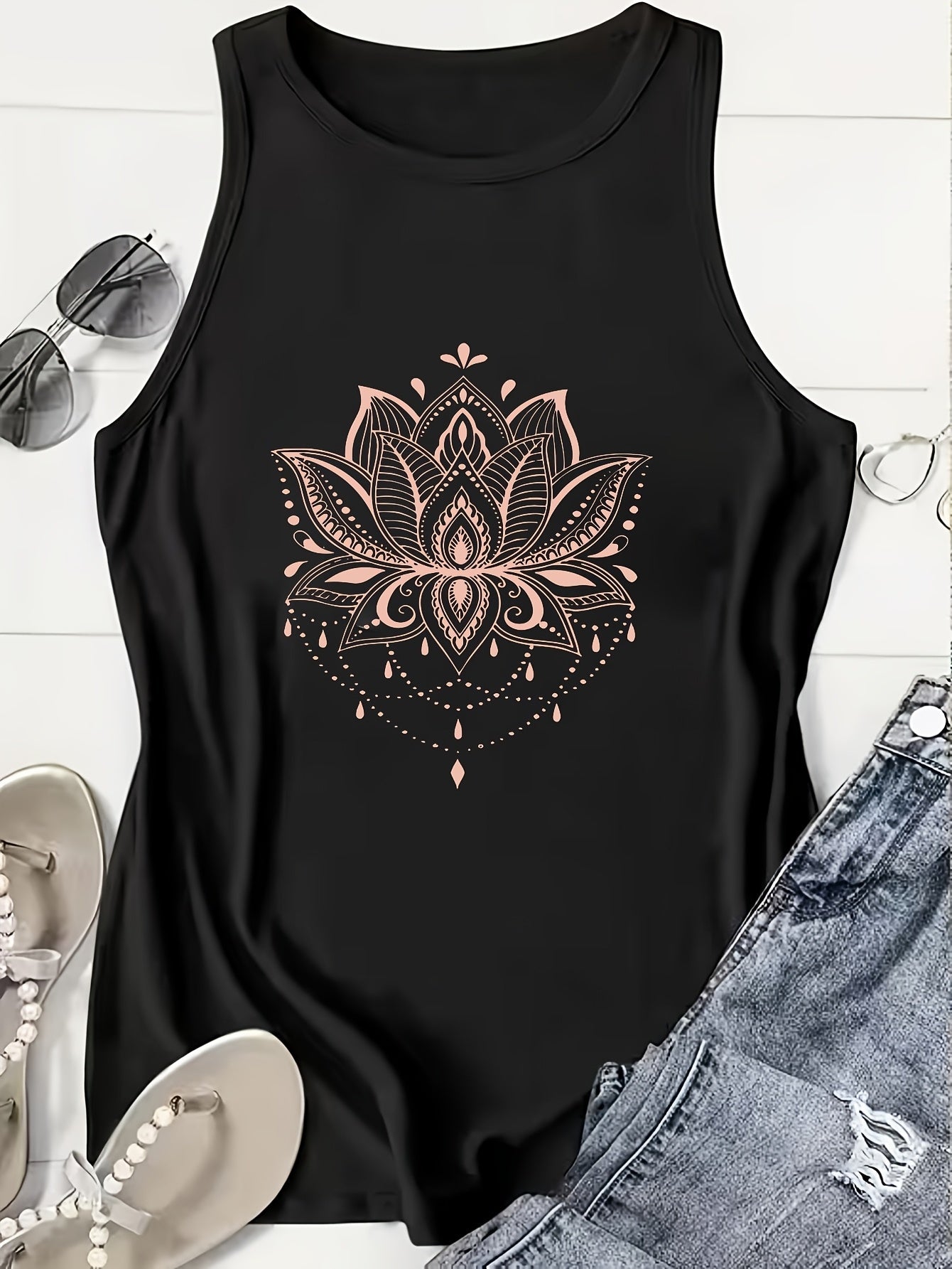 Women's Graphic Print Tank Top - Classic Neck Sleeveless – Black option – view 3