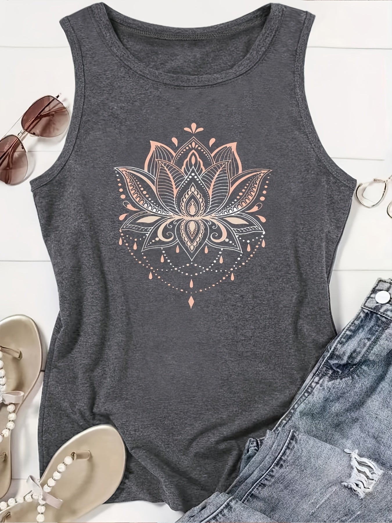 Women's Graphic Print Tank Top - Classic Neck Sleeveless – Black option – view 5