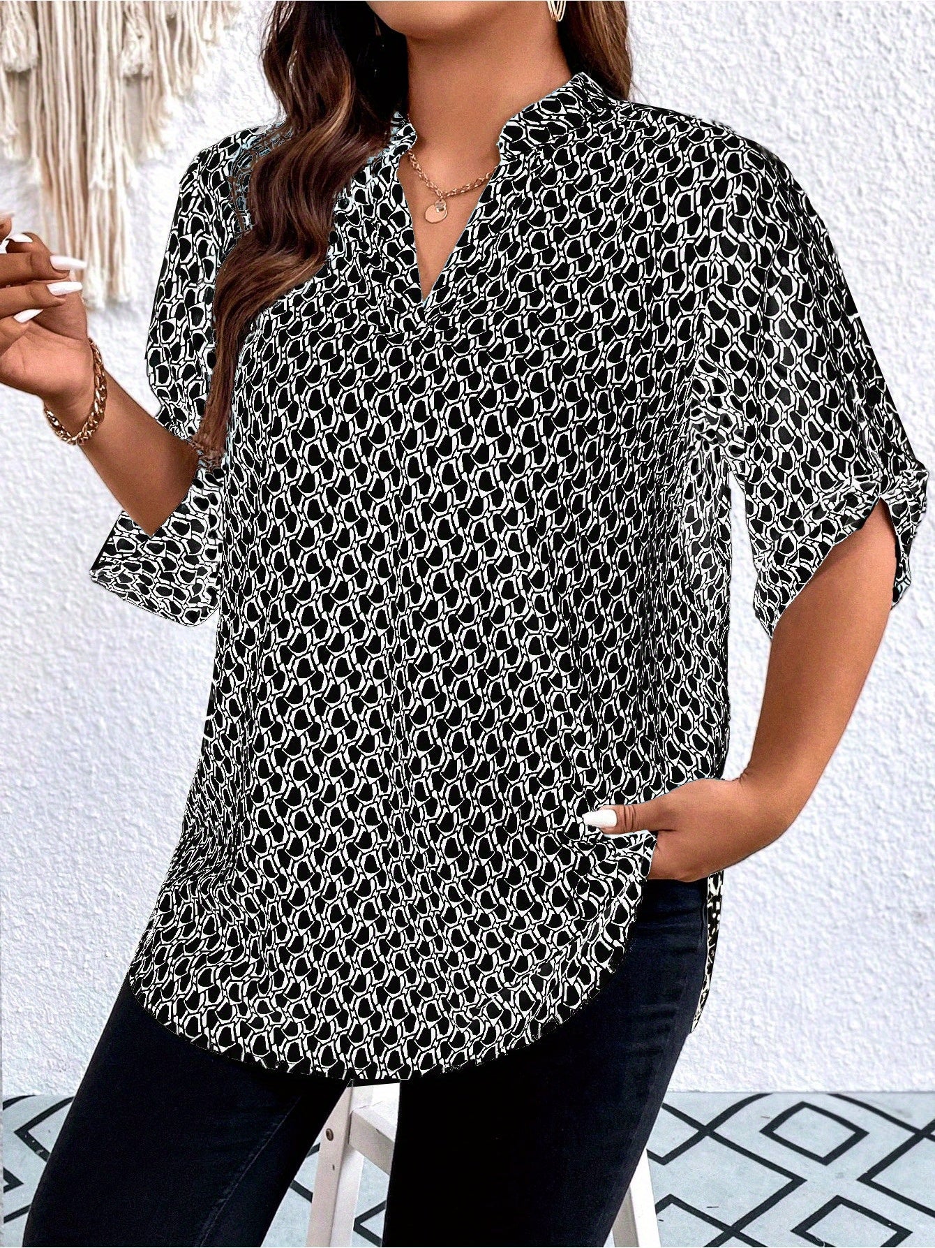 Women's Graphic Print Tunic - Collared Short Sleeve – view 7