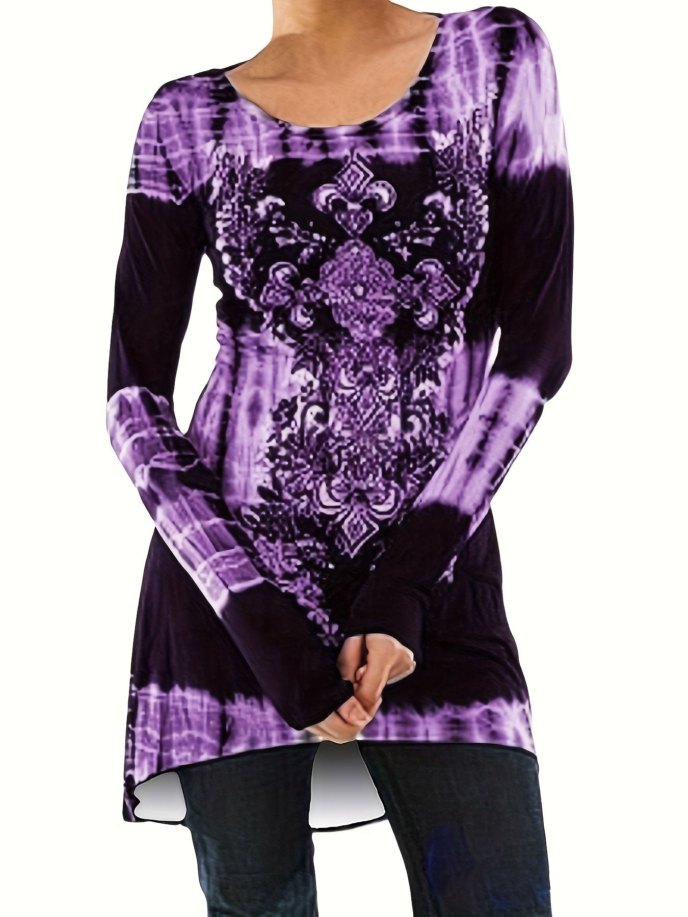 Women's Graphic Print Tunic - Crew Neck Long Sleeve detail view