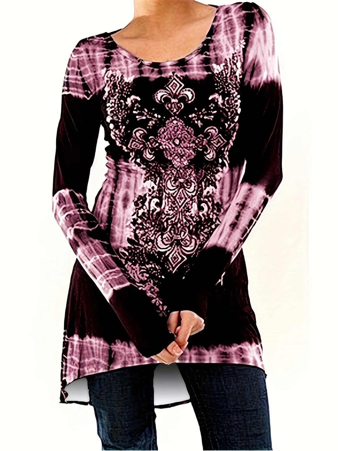 Women's Graphic Print Tunic - Crew Neck Long Sleeve – Black option – view 2