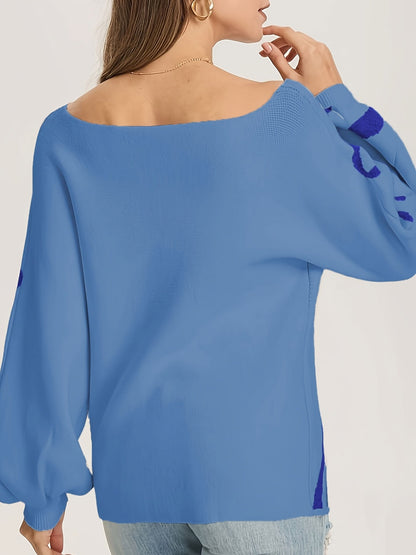 Women's Graphic Pullover Sweater - Boat Neck Lantern Sleeve detail view