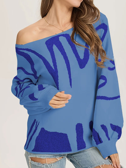 Women's Graphic Pullover Sweater - Boat Neck Lantern Sleeve detail view
