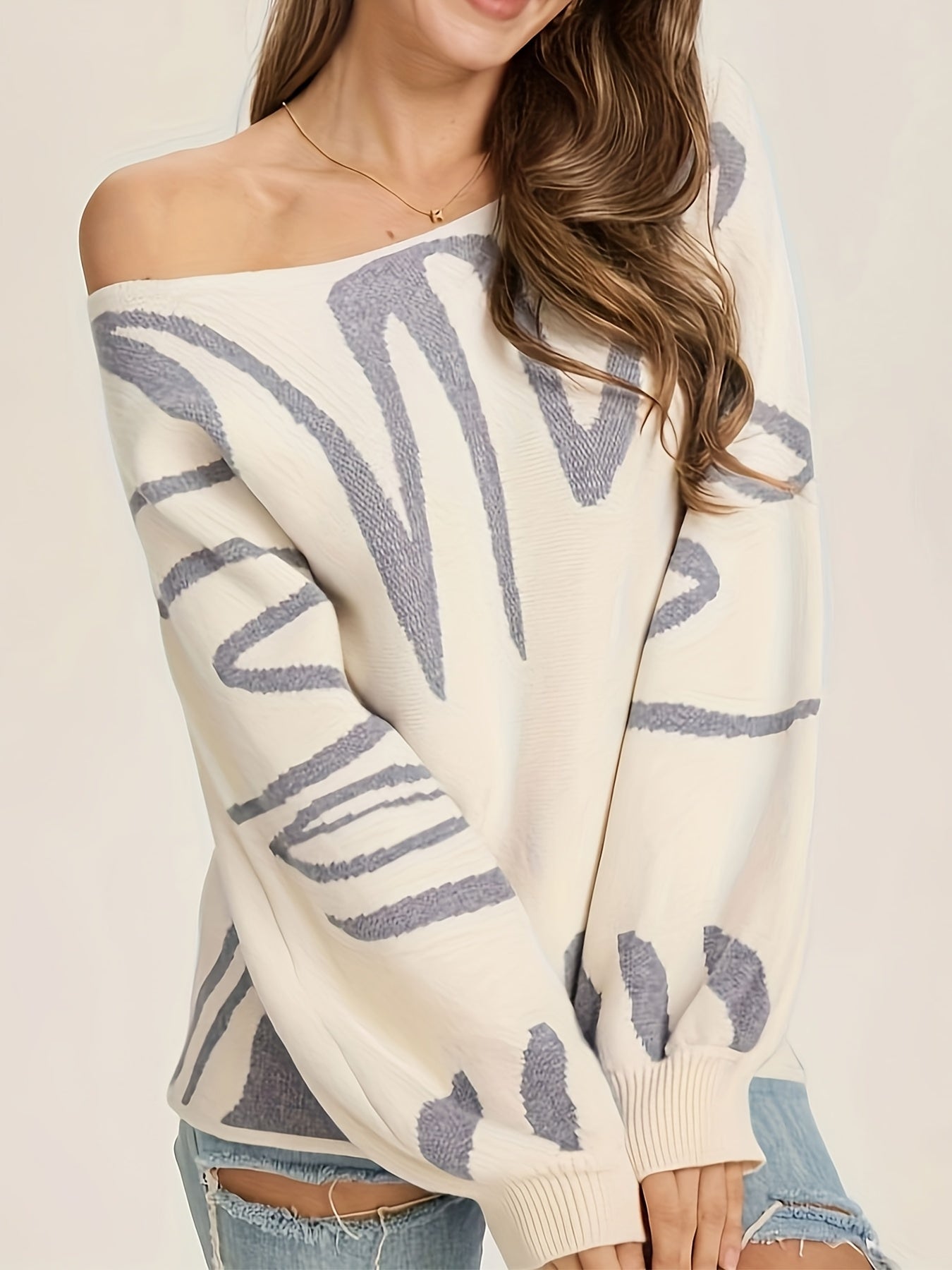 Women's Graphic Pullover Sweater - Boat Neck Lantern Sleeve detail view