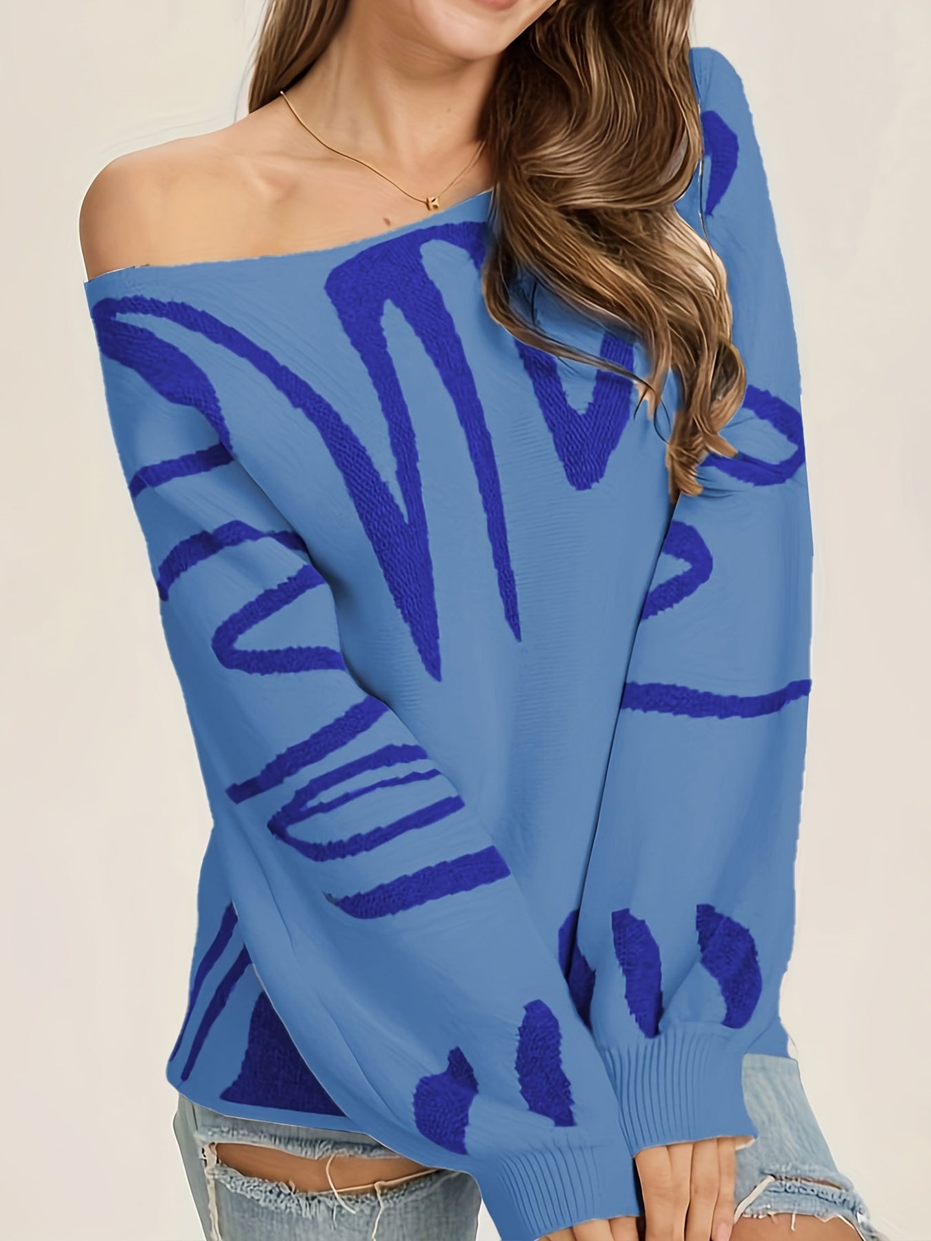 Women's Graphic Pullover Sweater - Boat Neck Lantern Sleeve detail view