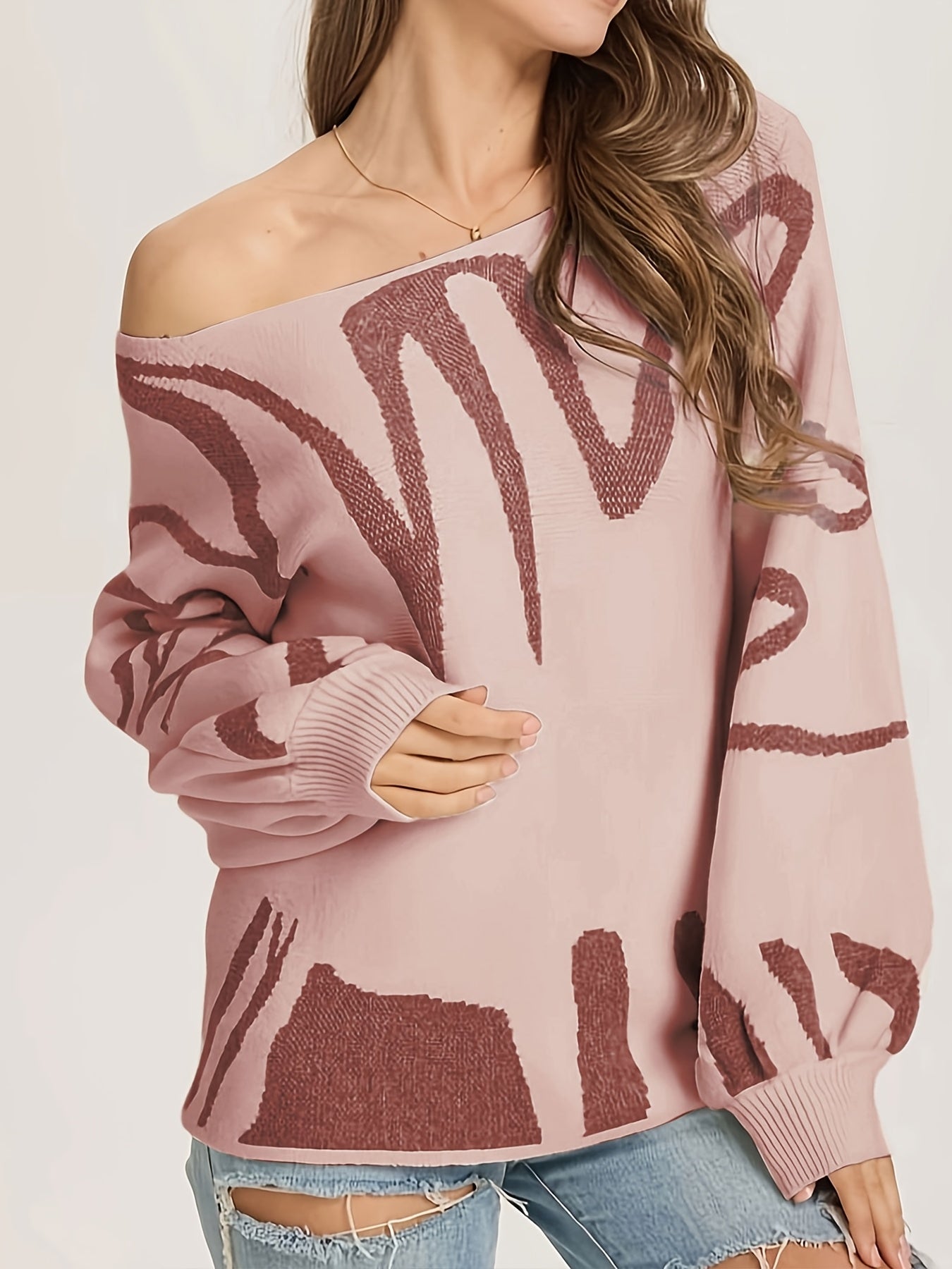 Women's Graphic Pullover Sweater - Boat Neck Lantern Sleeve detail view