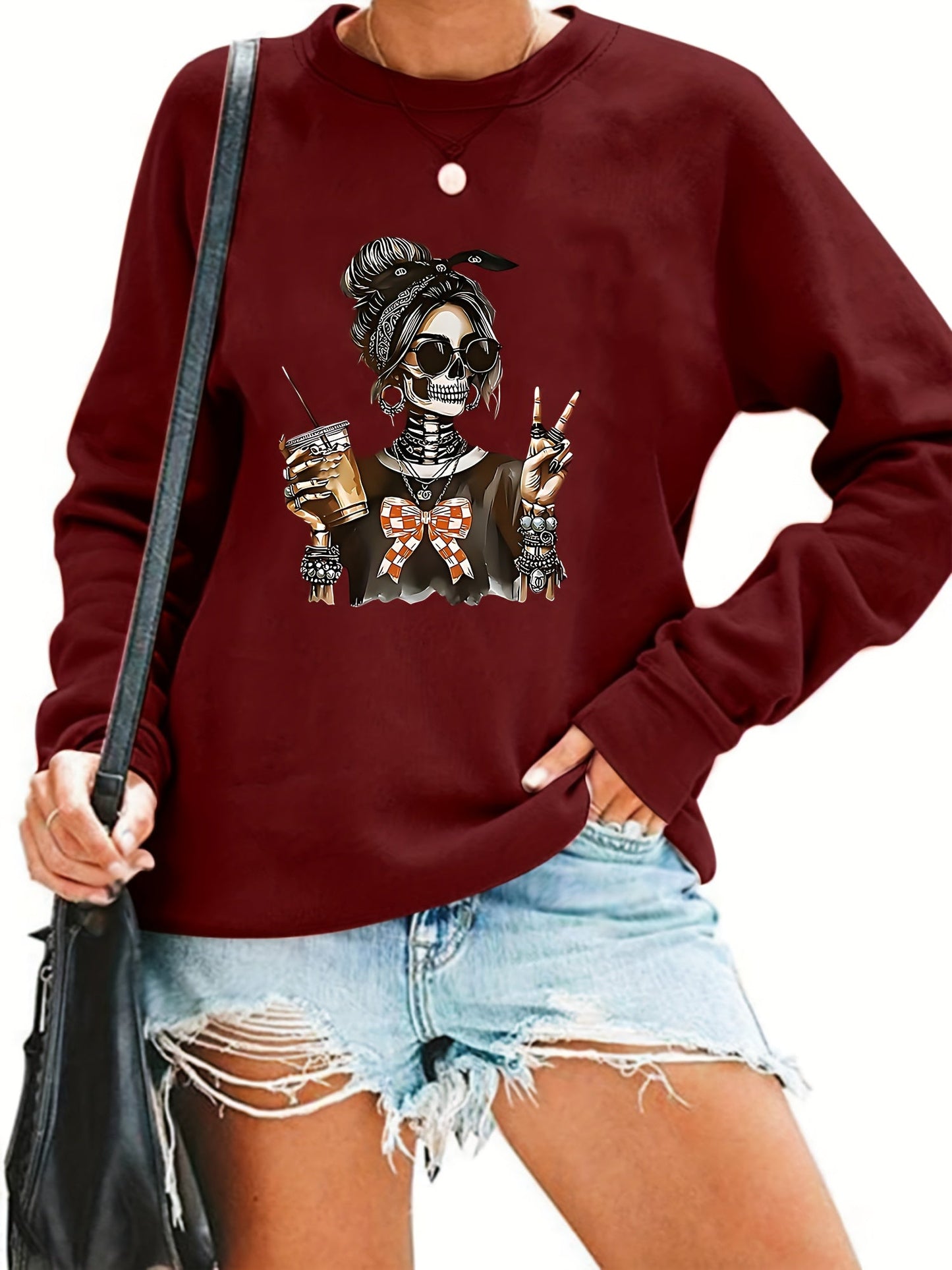 Women's Graphic Sweatshirt - Regular Fit Classic Neck – Black / White detail view