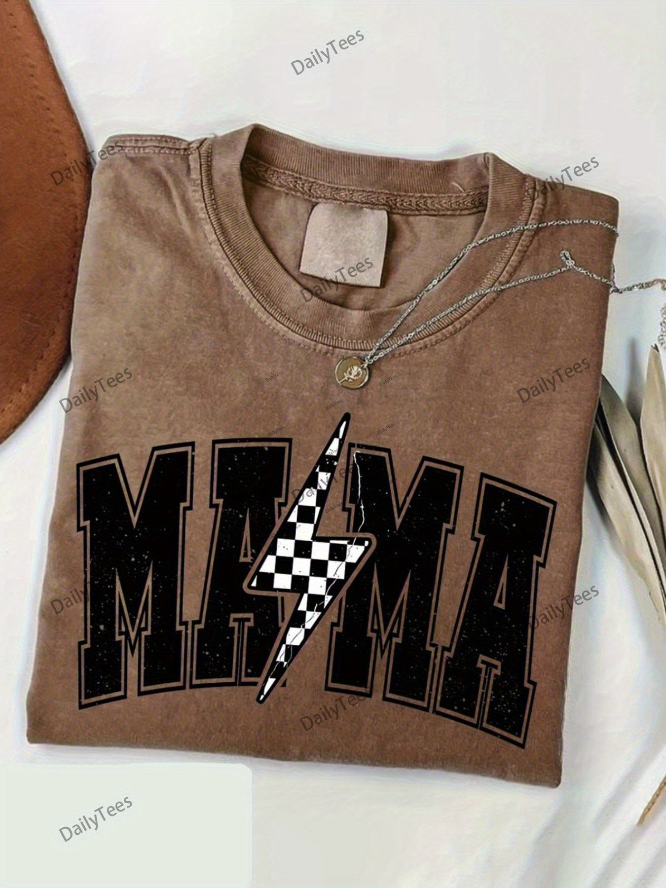 Women's Graphic T-Shirt - Graphic Print Crew Neck – Coffee Brown – view 4