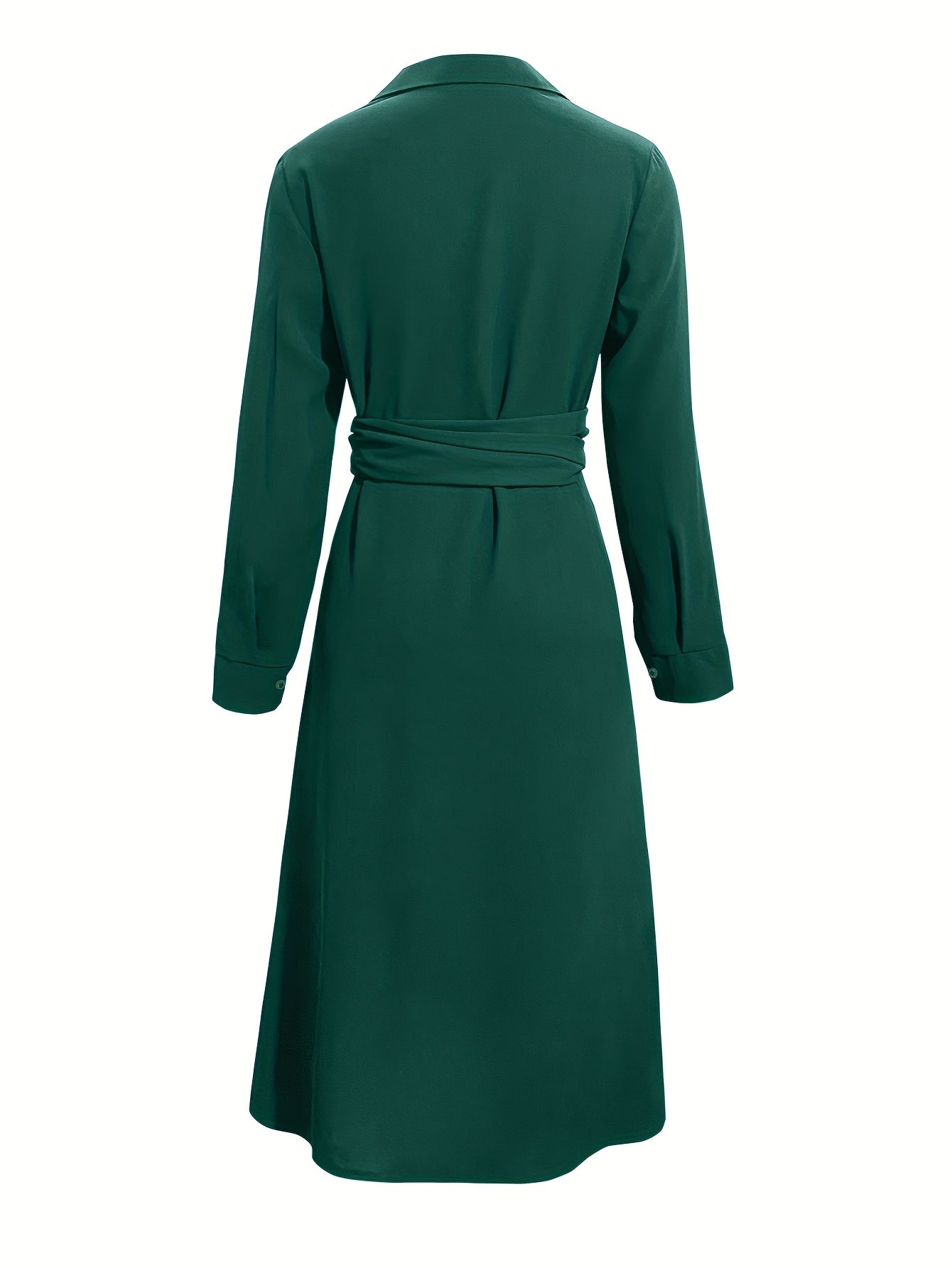 Women's Green Wrap Shirt Dress – Long Sleeve Belted Style detail view