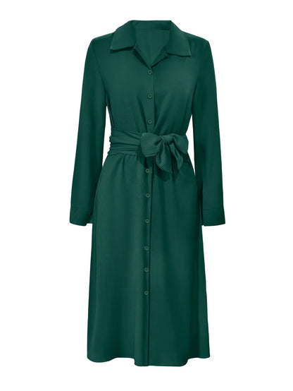 Women's Green Wrap Shirt Dress – Long Sleeve Belted Style detail view