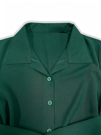 Women's Green Wrap Shirt Dress – Long Sleeve Belted Style detail view