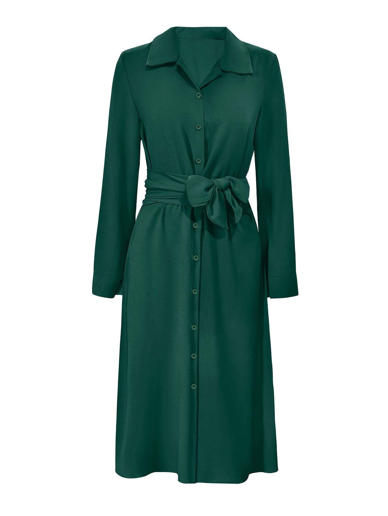 Women's Green Wrap Shirt Dress – Long Sleeve Belted Style detail view