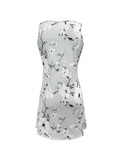 Women's Grey Floral Casual Dress - Sleeveless detail view
