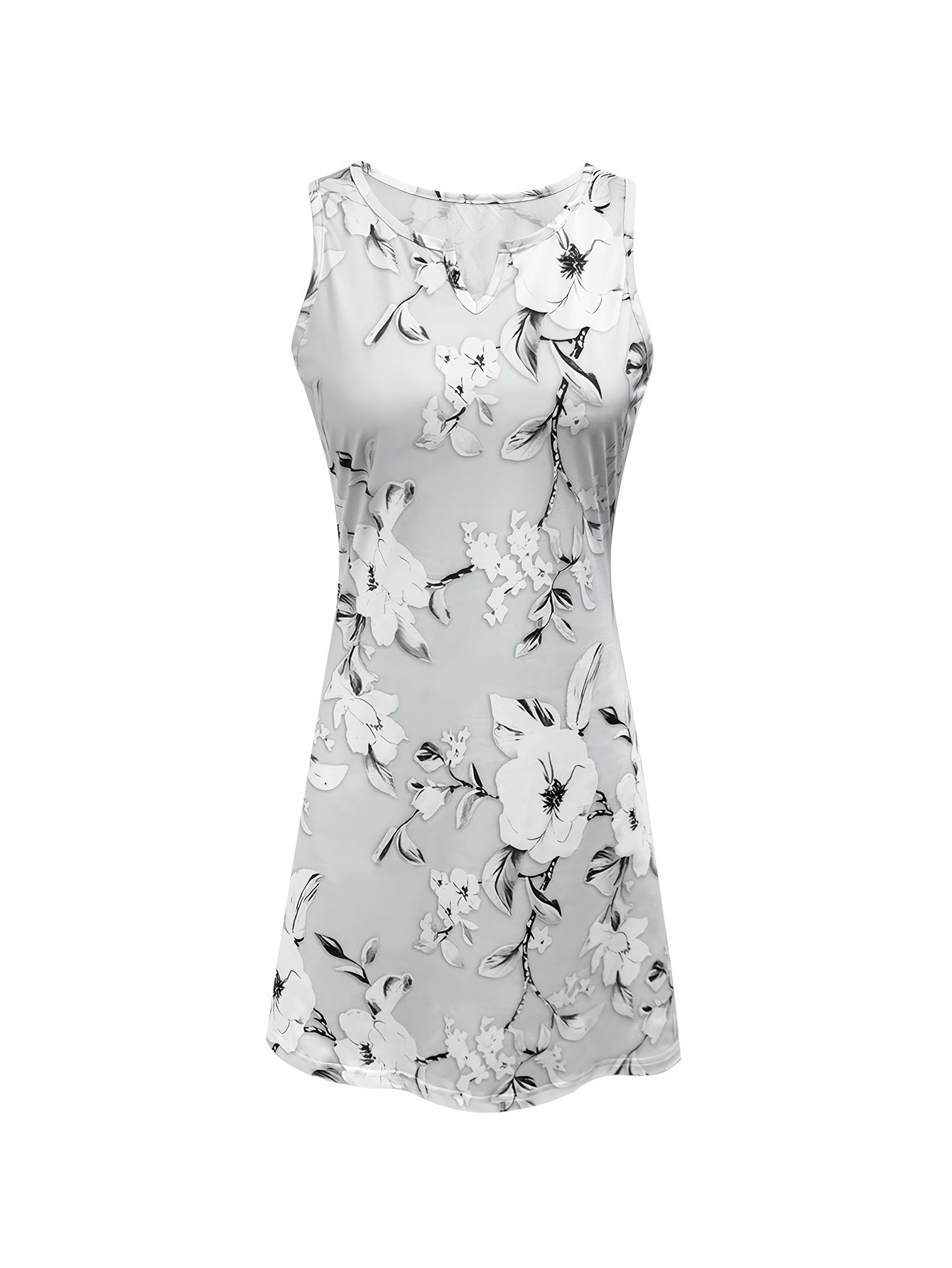 Women's Grey Floral Casual Dress - Sleeveless detail view