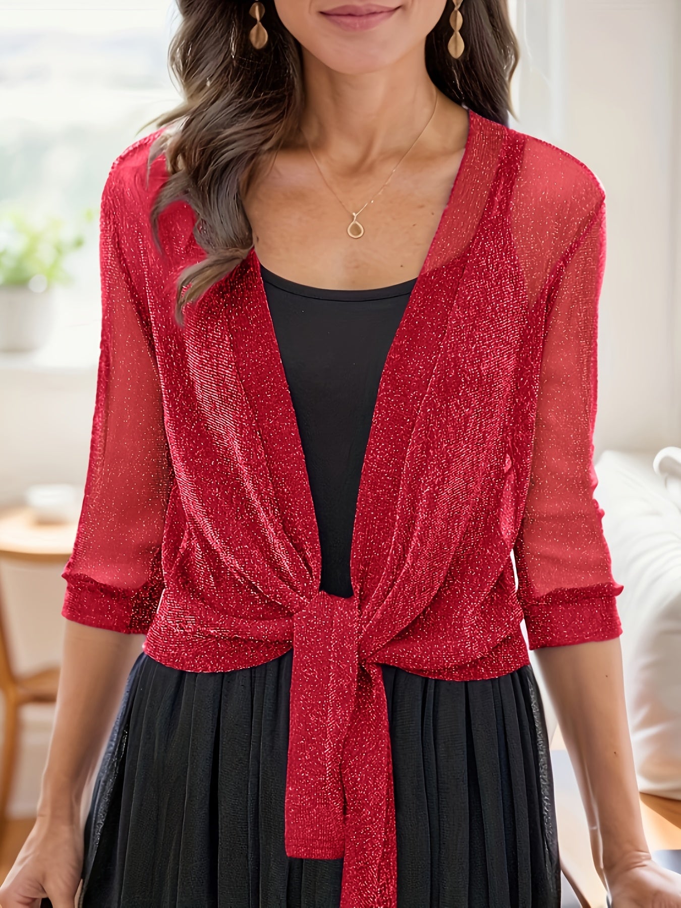 Women's Halter Mesh Top with Shawl - Metallic V-Neck Tie Style – main product image