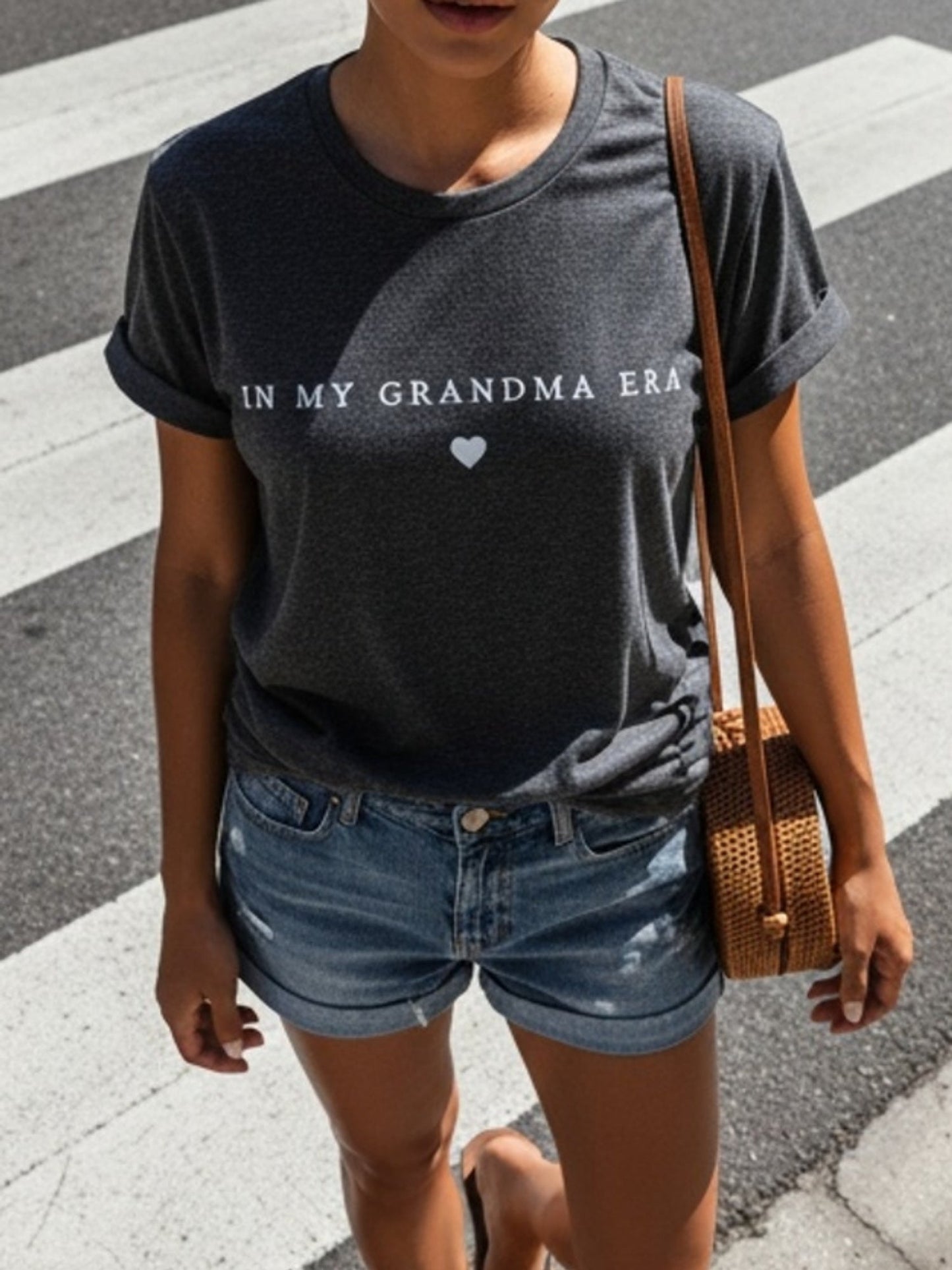 Women's Heart Graphic T-Shirt - Round Neck Short Sleeve – Dark Gray detail view