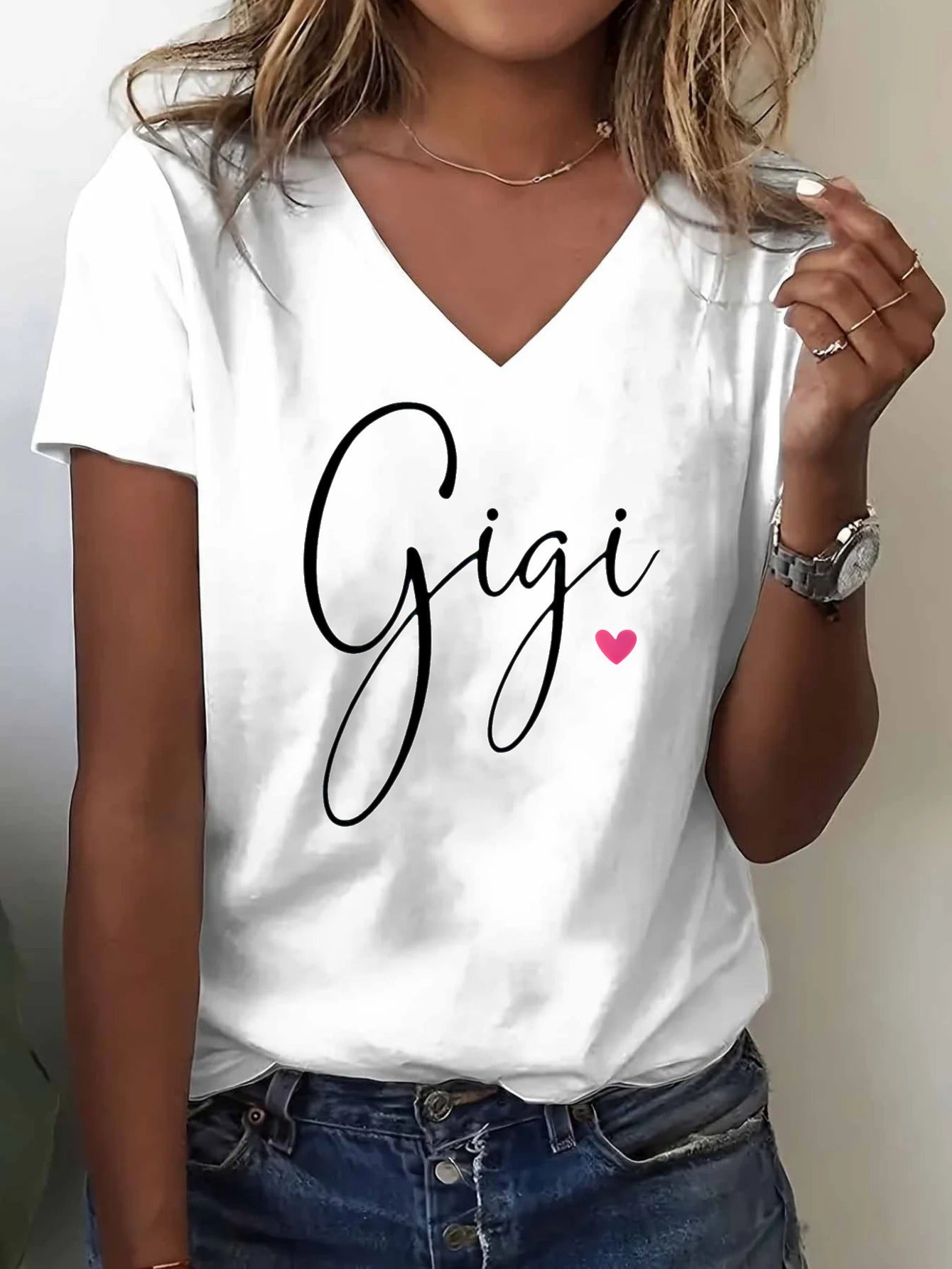 Women's Heart Graphic T-Shirt - V-Neck Short Sleeve – White detail view