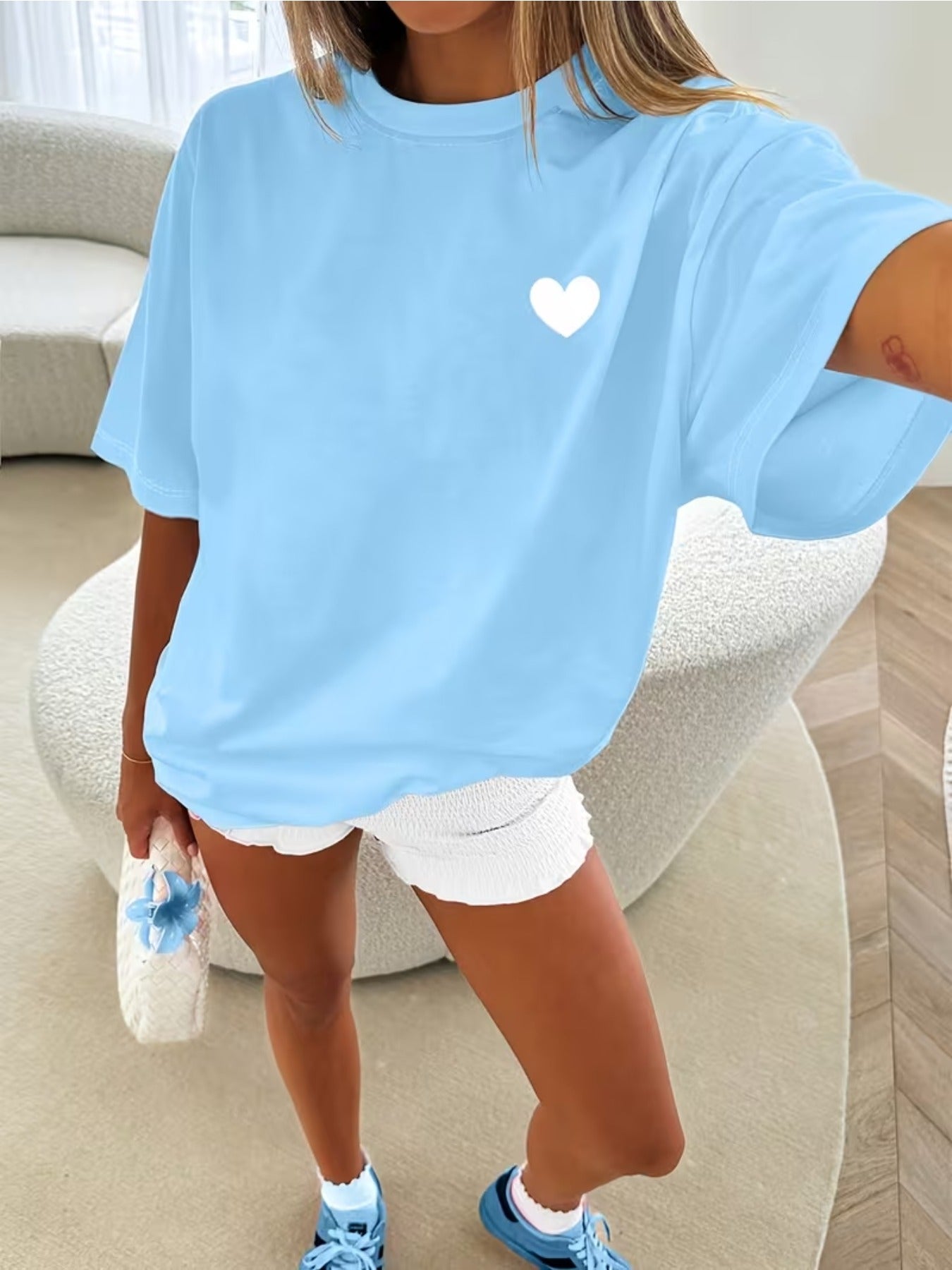 Women's Heart Print T-Shirt - Round Neck Short Sleeve detail view