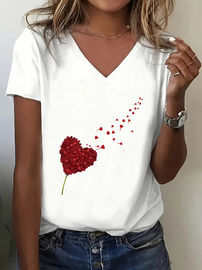 Women's Heart Print T-Shirt - V-Neck Short Sleeve Dandelion detail view
